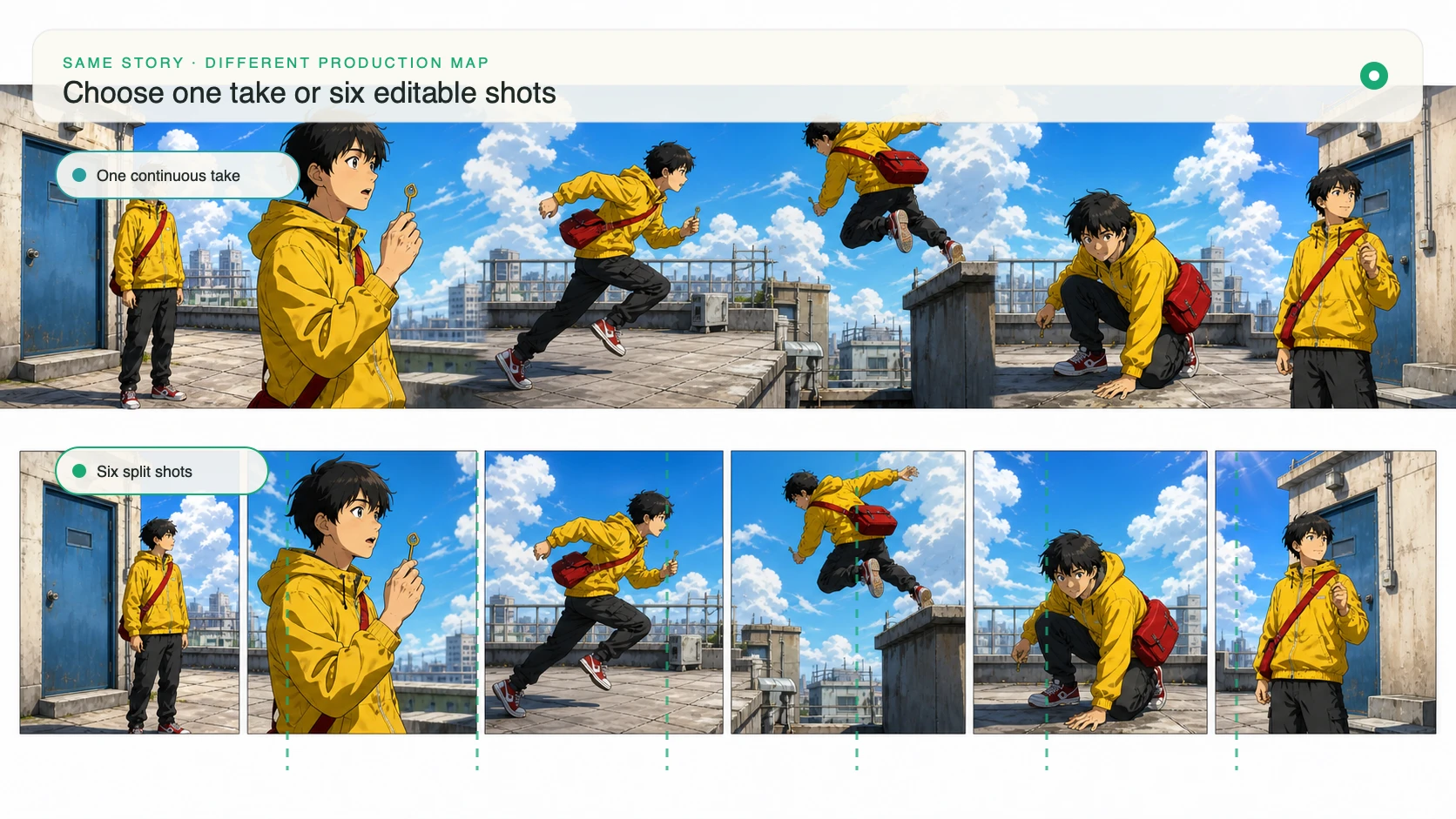 One continuous rooftop take compared with six separately editable storyboard shots