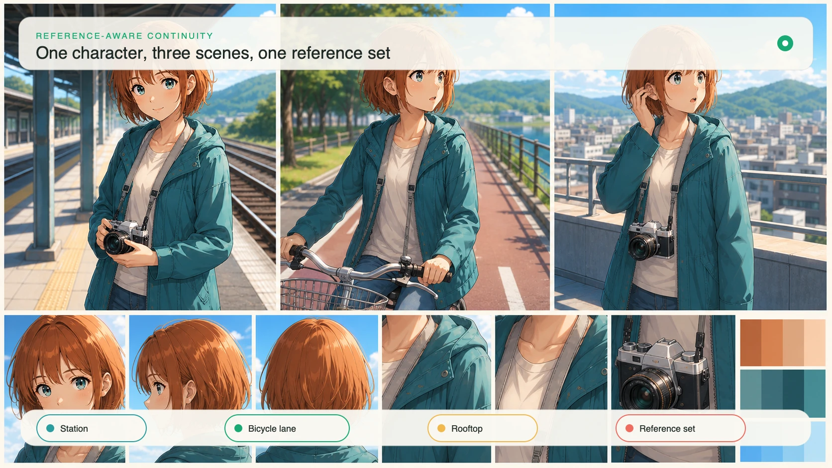 One copper-haired anime heroine kept consistent across a station, bicycle lane, and rooftop with a compact reference set