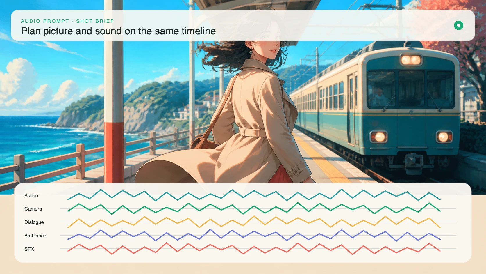 Anime train-platform scene planned with aligned action, camera, dialogue, ambience, and sound-effect tracks