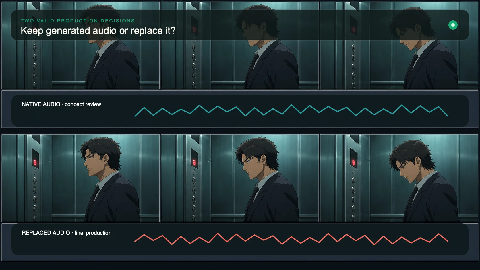 Matched elevator frames comparing generated native audio for concept review with replaced audio for final production