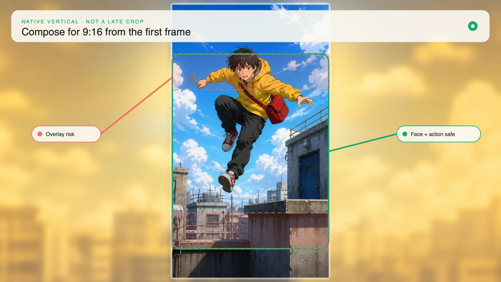 Rooftop courier action composed natively for a 9:16 frame with safe and overlay-risk zones