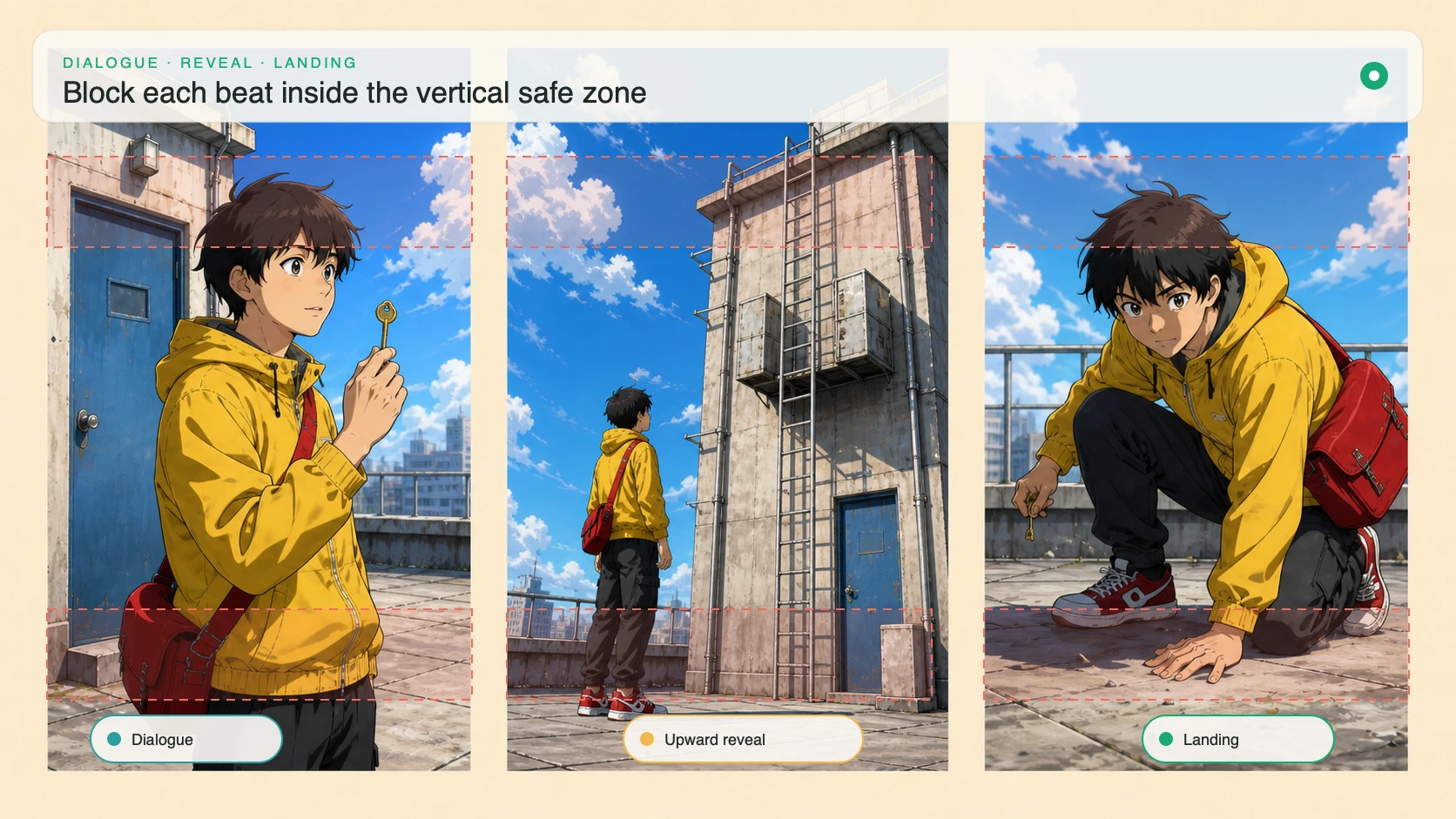 Three vertical storyboard frames for dialogue, upward reveal, and landing with overlay-risk bands