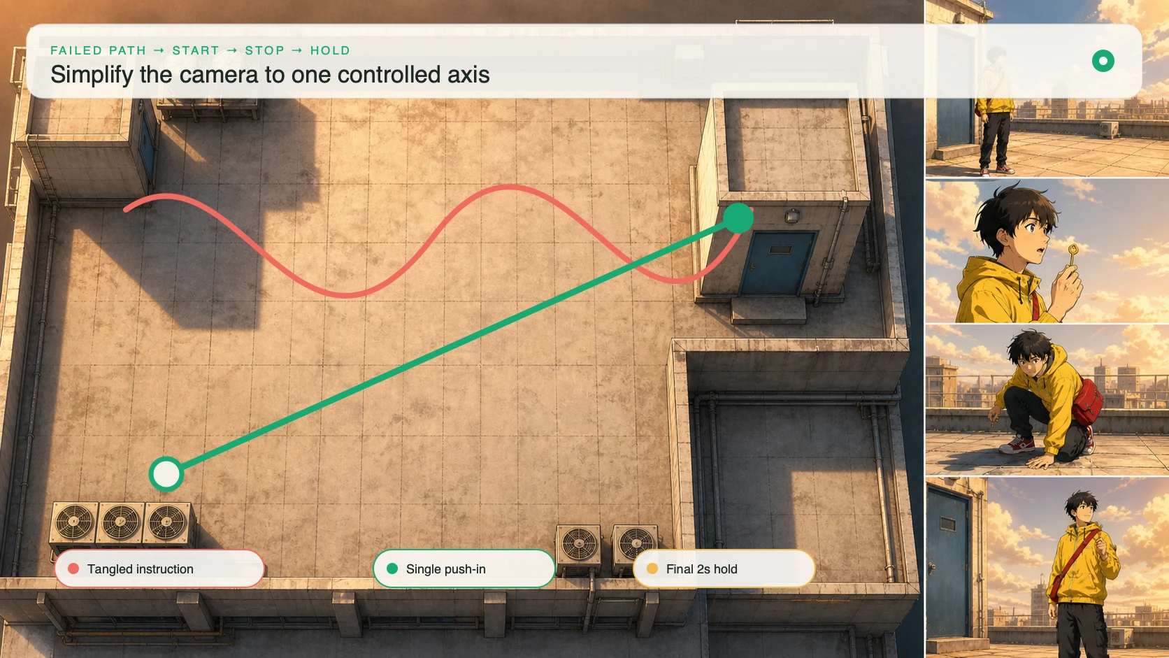 Top-down rooftop map comparing a tangled camera instruction with one controlled push-in axis and final hold