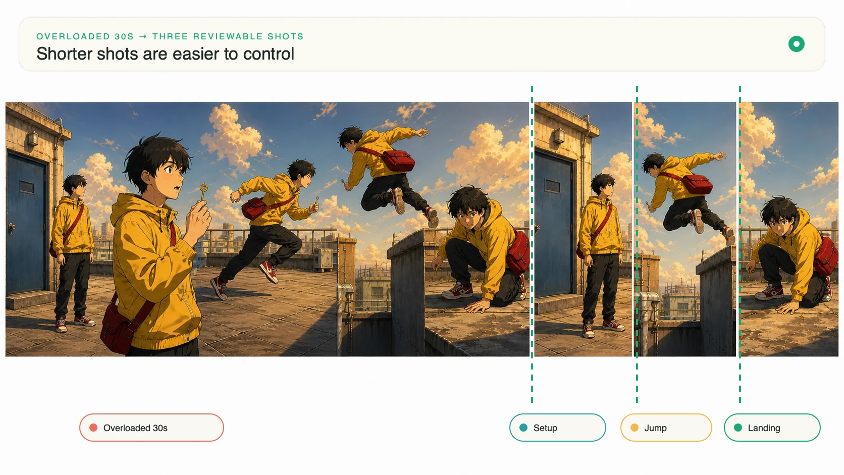 Overloaded 30-second rooftop scene compared with three reviewable shots for setup, jump, and landing